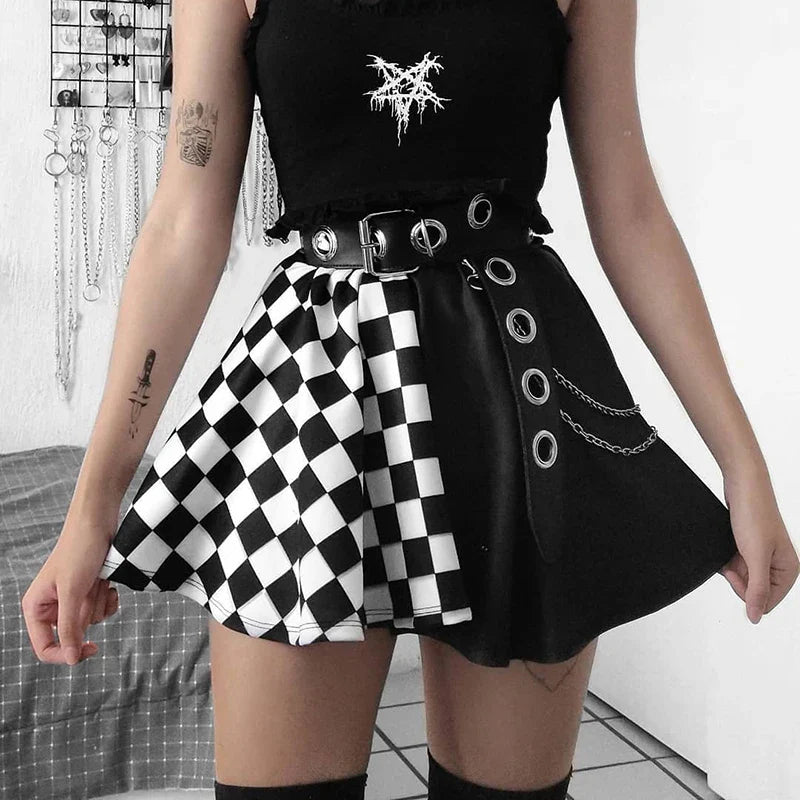 Halloween-Contrast-Color-Black-and-White-Checkered-Dark-Style-Skirt.webp