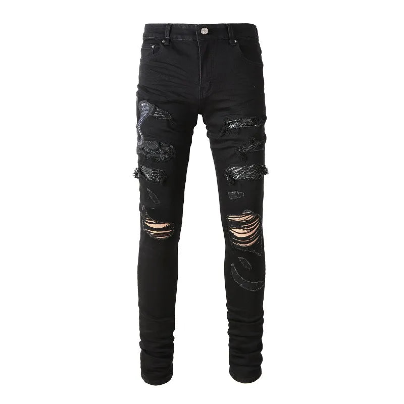 Men-Snake-Embroidery-Jeans-Skinny-Tapered-Stretch-Denim-Pants-Streetwear-Holes-Ripped-Leather-Patch-Patchwork-Trousers.webp