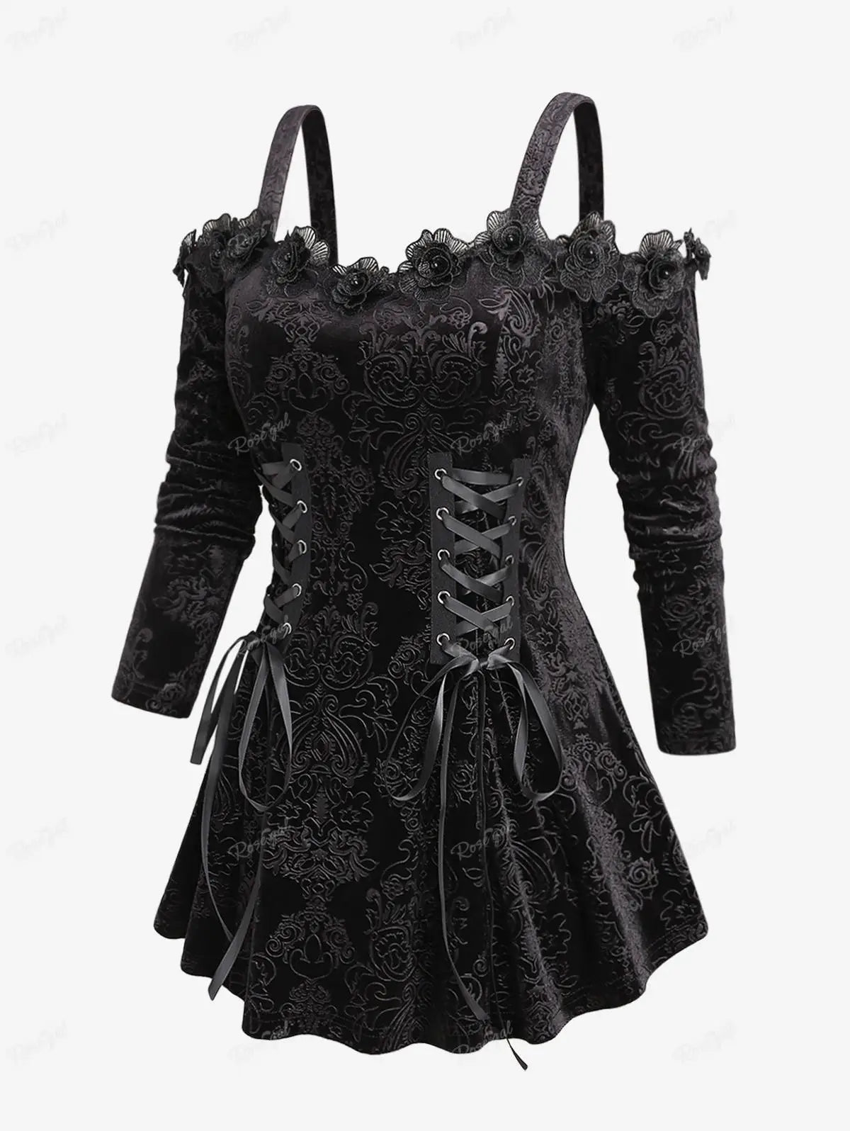 ROSEGAL-Plus-Size-Embossed-Floral-Trim-Off-The-Shoulder-T-shirt-Black-Fashion-Lace-Up-Tops.webp